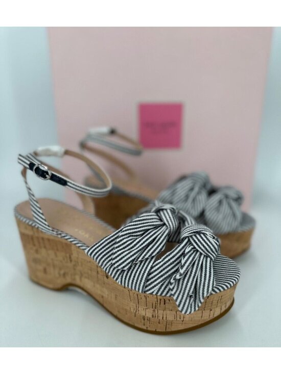 Kate Spade Julep Double Bow Platform Wedge Sandals sz 6.5 Navy Stripe Cork Ankle - Picture 3 of 11